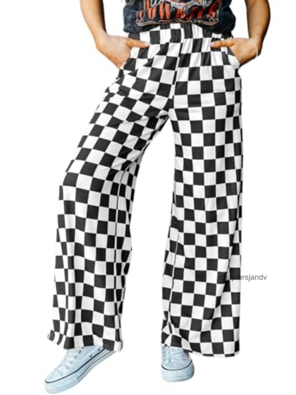 Womens Checkered Wide Leg Palazzo Pants Elastic Waist Casual
